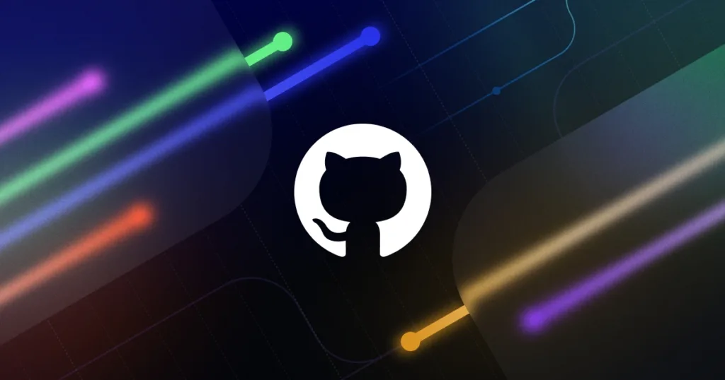 Logotipo do GitHub em destaque, cercado por um fundo escuro com linhas coloridas em movimento, representando a inovação tecnológica e a dinâmica do desenvolvimento de software.