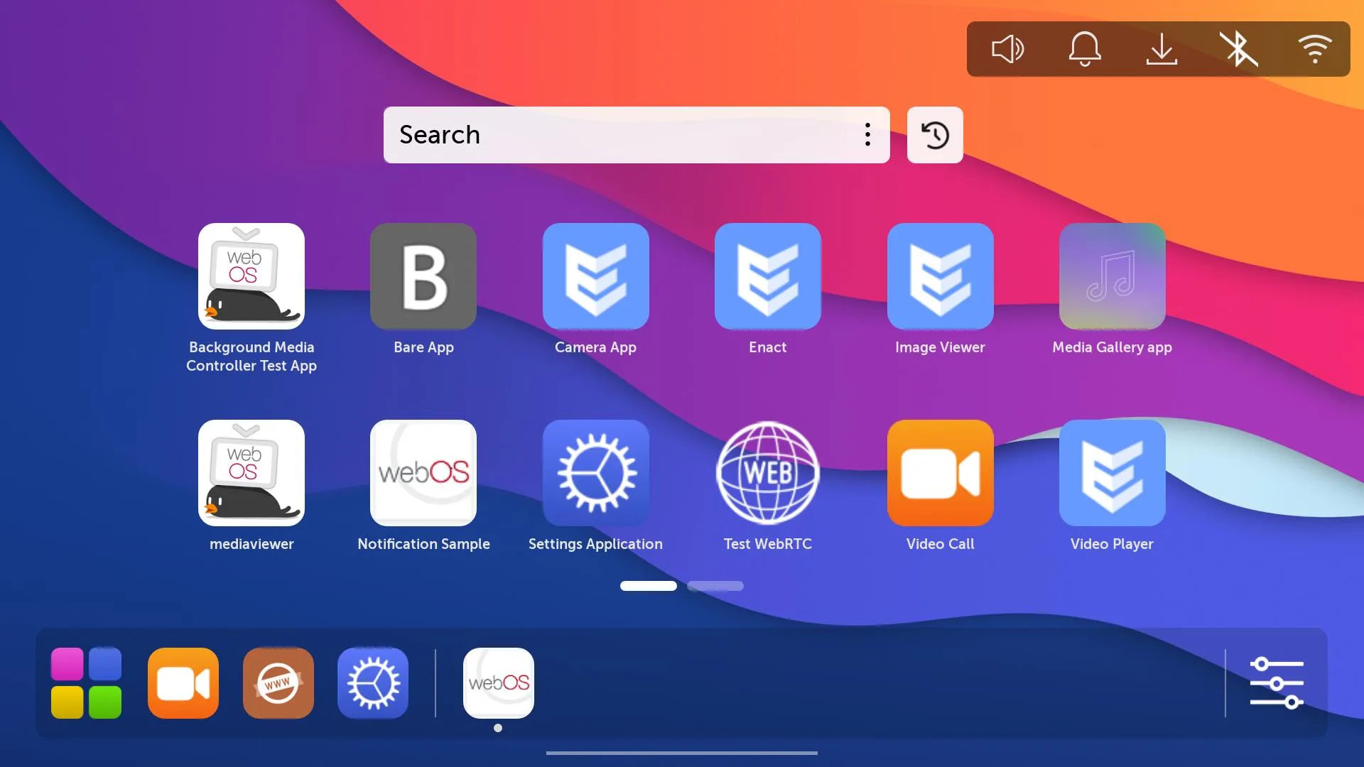 Nova versão do webOS open source edition 2.27 expande funcionalidades para dispositivos diversos 2 Tela inicial do webOS Open Source Edition mostrando vários aplicativos, incluindo Camera App, Enact, Image Viewer, Media Gallery, Video Call e Video Player, além de um campo de busca na parte superior e ícones de configurações, volume, notificações e Wi-Fi no canto superior direito.