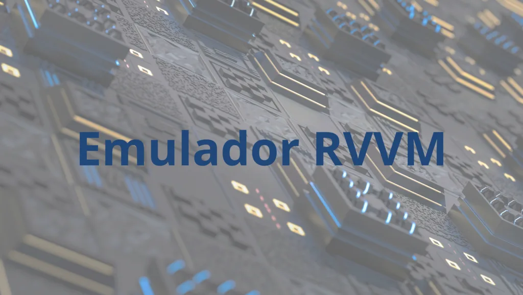 Representação gráfica estilizada de circuitos eletrônicos com destaque para o texto centralizado "Emulador RVVM", simbolizando tecnologia e arquitetura computacional avançada.