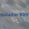 Representação gráfica estilizada de circuitos eletrônicos com destaque para o texto centralizado "Emulador RVVM", simbolizando tecnologia e arquitetura computacional avançada.