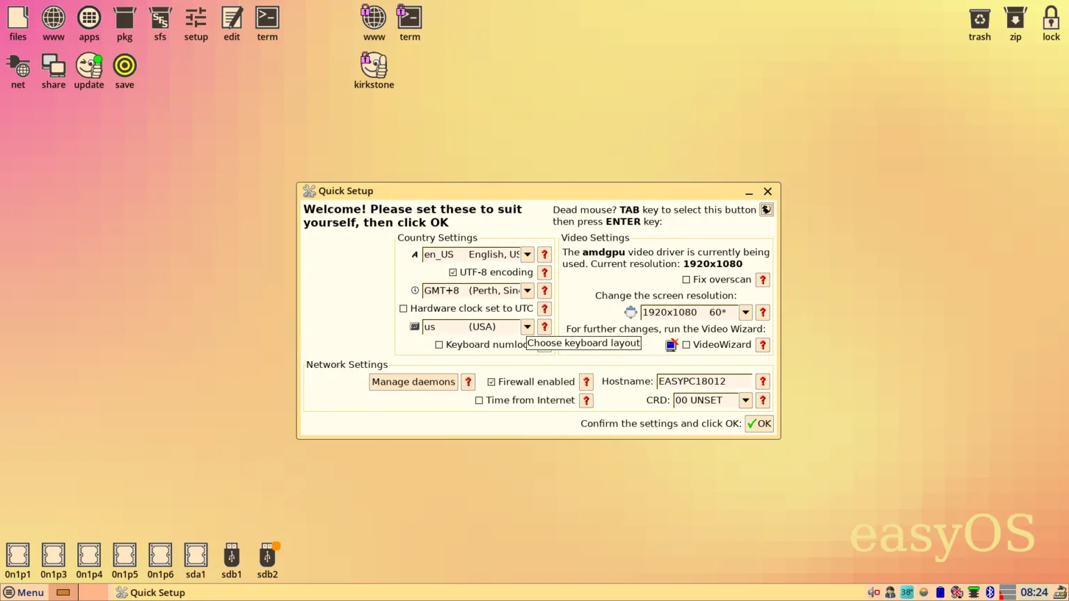 Distribuição Linux EasyOS Scarthgap 6.5 foi lançada 1 captura de tela da interface inicial do EasyOS Scarthgap, mostrando a janela "Quick Setup" para configurações iniciais do sistema.
