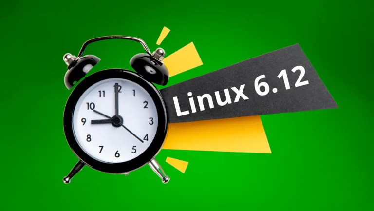 Um despertador preto com fundo verde vibrante e elementos gráficos amarelos, destacando o texto "Linux 6.12", simbolizando o momento crucial do anúncio oficial desta versão como kernel de suporte de longo prazo (LTS).