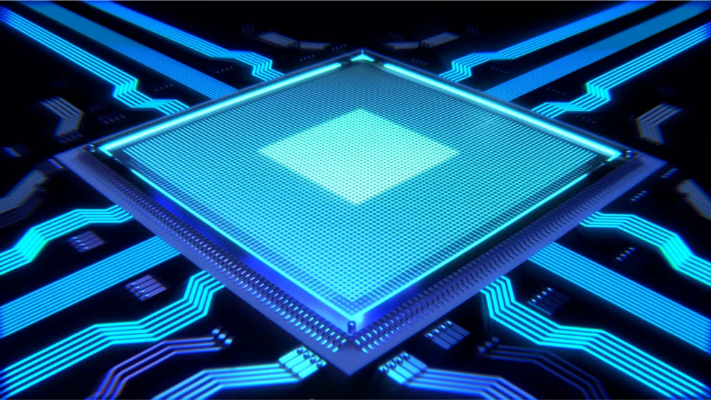 Ilustração de um chip eletrônico em tons de azul com conexões digitais, simbolizando a integração avançada de memórias heterogêneas e tecnologia de alta performance.