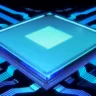 Ilustração de um chip eletrônico em tons de azul com conexões digitais, simbolizando a integração avançada de memórias heterogêneas e tecnologia de alta performance.