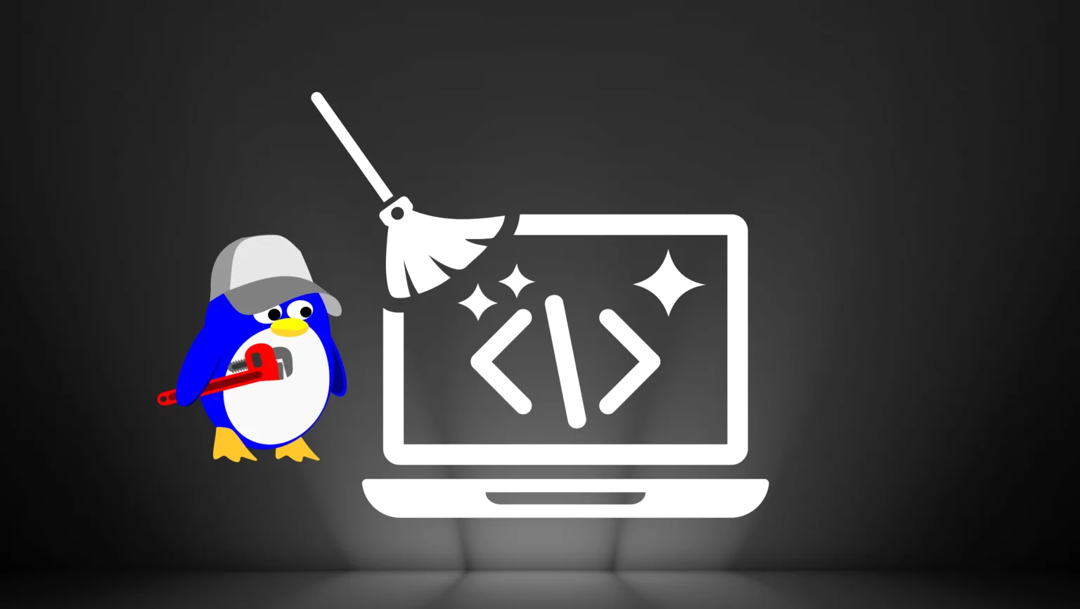 Kernel Linux 6.14 abandona suporte ao antigo protocolo UGA 1 Ilustração de um pinguim segurando uma chave inglesa ao lado de um notebook sendo limpo, simbolizando a remoção de código obsoleto do kernel Linux.