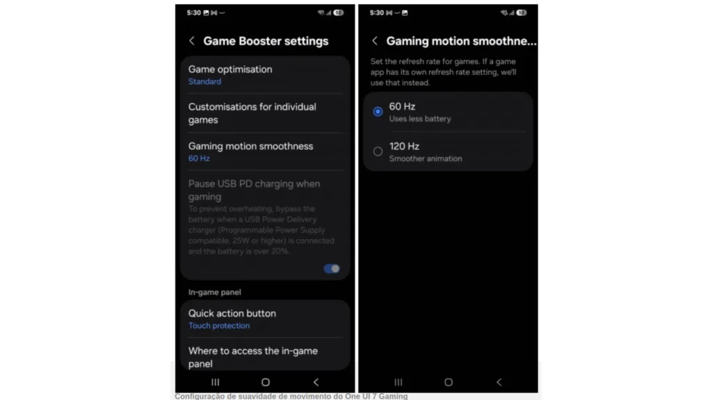 Configuração de suavidade de movimento do One UI 7 Gaming