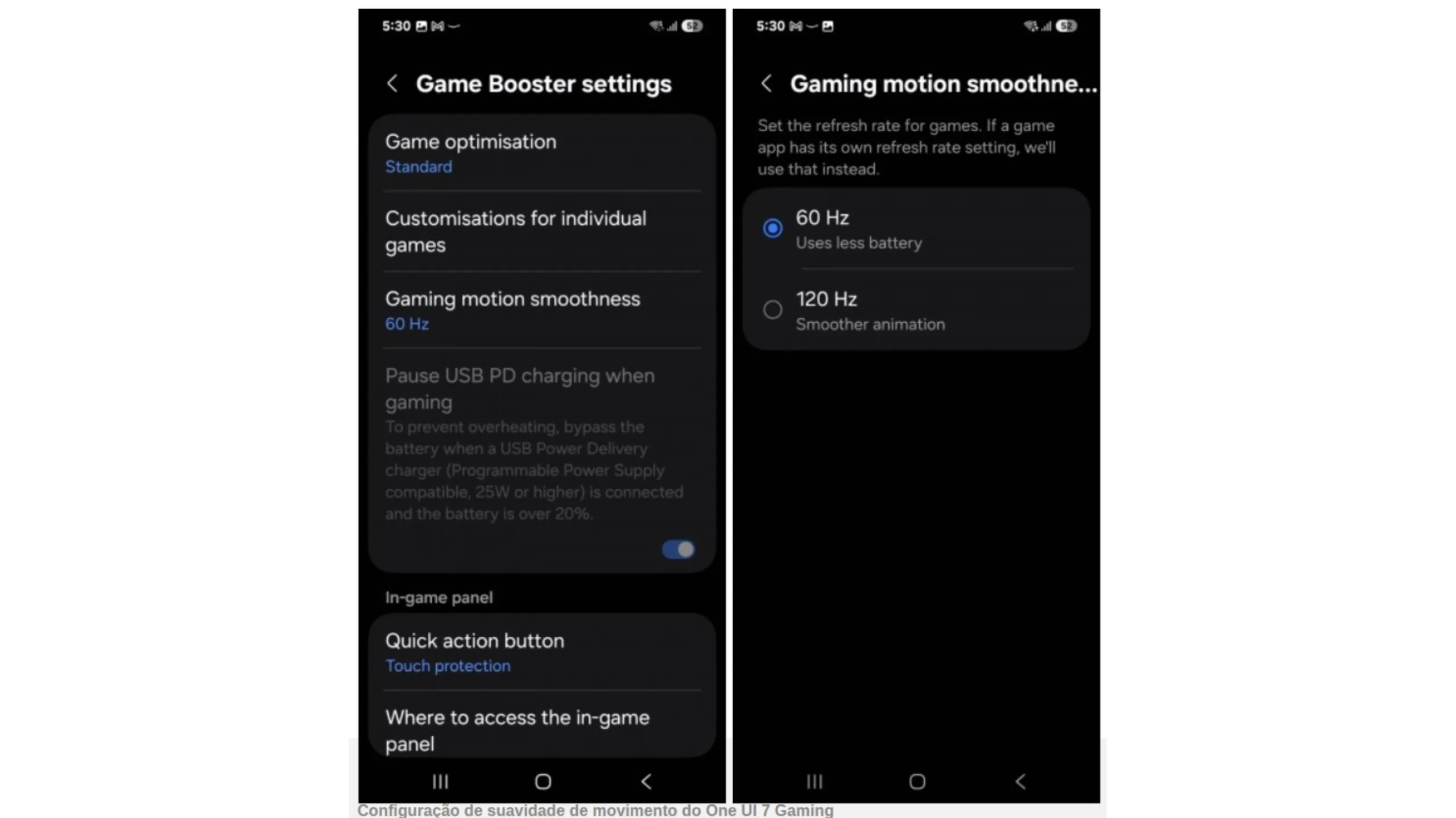 One UI 7 traz opções de taxa de atualização para jogos 2 Configuração de suavidade de movimento do One UI 7 Gaming