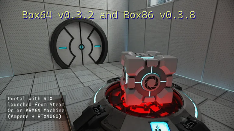 Screenshot do jogo Portal com RTX rodando no Steam em uma máquina ARM64 equipada com uma RTX4060. O ambiente apresenta uma sala de teste futurista com uma porta circular e um cubo iluminado por luzes vermelhas no centro.