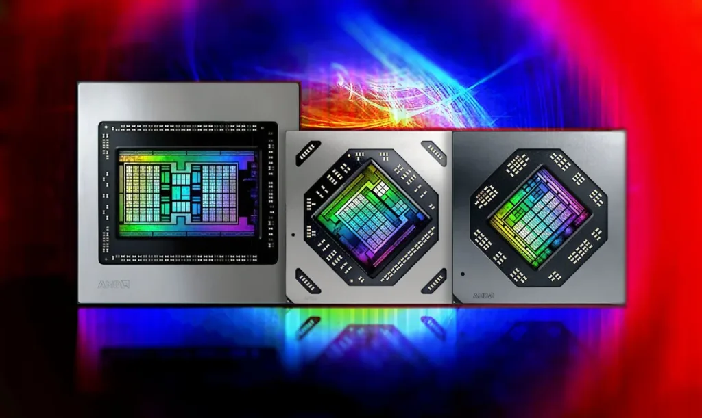 Componentes de GPUs AMD exibindo a tecnologia Video Core Next (VCN) com iluminação vibrante, representando avanços em encode e decode de vídeo para alto desempenho.