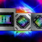 Componentes de GPUs AMD exibindo a tecnologia Video Core Next (VCN) com iluminação vibrante, representando avanços em encode e decode de vídeo para alto desempenho.