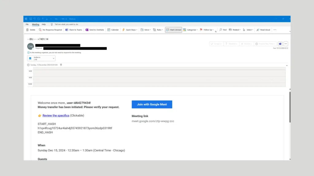 Exemplo de e-mail de convite de phishing do Google Calender