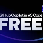 Banner promocional do GitHub Copilot Free integrado ao VS Code, destacando a palavra 'FREE' com um design moderno e o mascote Copilot à direita em estilo futurista.