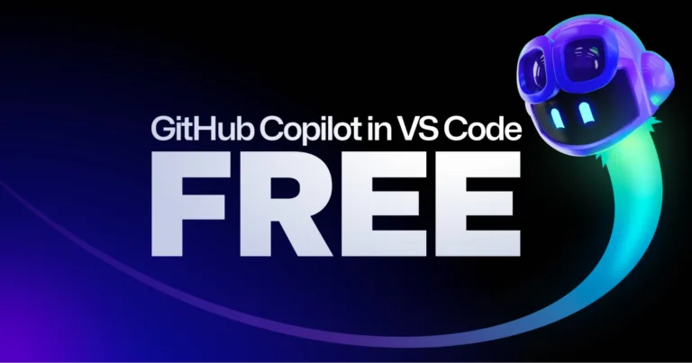 Banner promocional do GitHub Copilot Free integrado ao VS Code, destacando a palavra 'FREE' com um design moderno e o mascote Copilot à direita em estilo futurista.