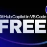 Banner promocional do GitHub Copilot Free integrado ao VS Code, destacando a palavra 'FREE' com um design moderno e o mascote Copilot à direita em estilo futurista.