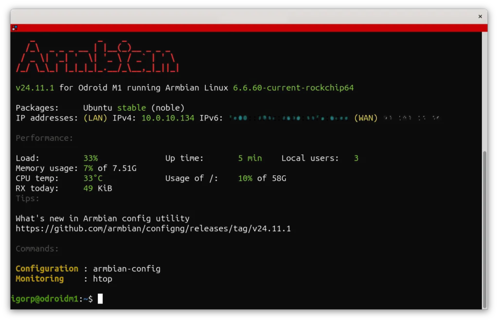 Mensagem de boas-vindas (MOTD) no terminal do Armbian 24.11.1 rodando em um Odroid M1, mostrando informações de desempenho, uptime, uso de memória e temperatura do sistema.