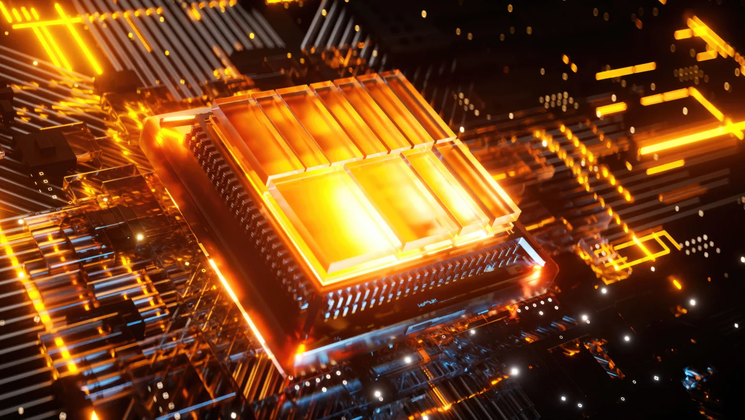 Como o suporte ao acesso RDMA direto entre GPUs está transformando a computação de alto desempenho 1 Ilustração de um processador em destaque, com design futurista e iluminação laranja brilhante, representando alta tecnologia e desempenho computacional.