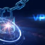 Representação digital de segurança em VPN, com um cadeado estilizado e conexões digitais brilhantes simbolizando proteção e criptografia.