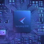 Chip Kunpeng 920 em uma placa de circuito azul com detalhes tecnológicos e conexões eletrônicas.
