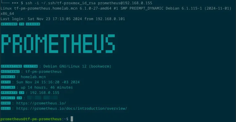 Tela de terminal após conexão SSH bem-sucedida com o servidor Prometheus, exibindo detalhes do sistema operacional Debian GNU/Linux 12 (Bookworm), uptime do servidor e links para a documentação do Prometheus.