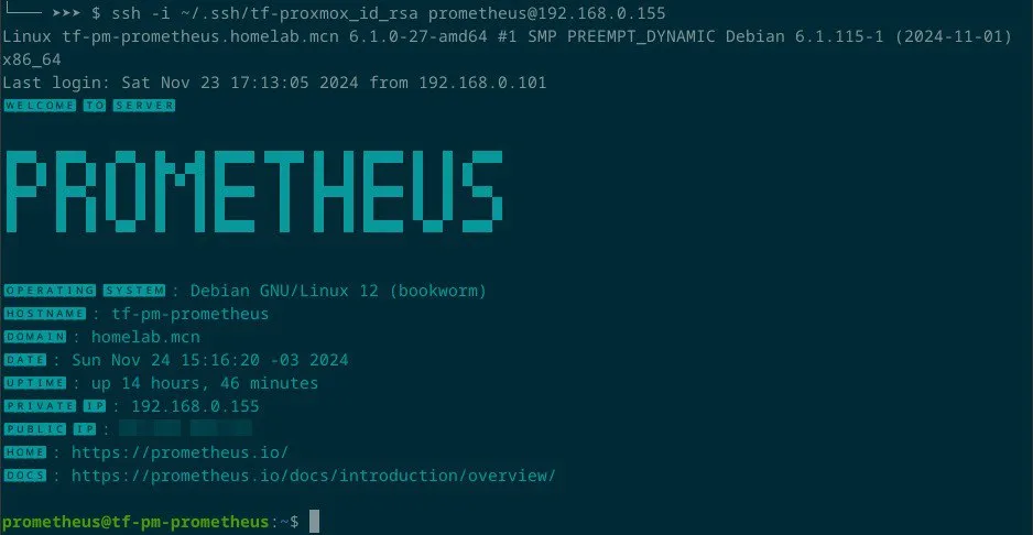 Tela de terminal após conexão SSH bem-sucedida com o servidor Prometheus, exibindo detalhes do sistema operacional Debian GNU/Linux 12 (Bookworm), uptime do servidor e links para a documentação do Prometheus.