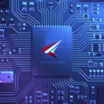 Chip Kunpeng 920 em uma placa de circuito azul com detalhes tecnológicos e conexões eletrônicas.