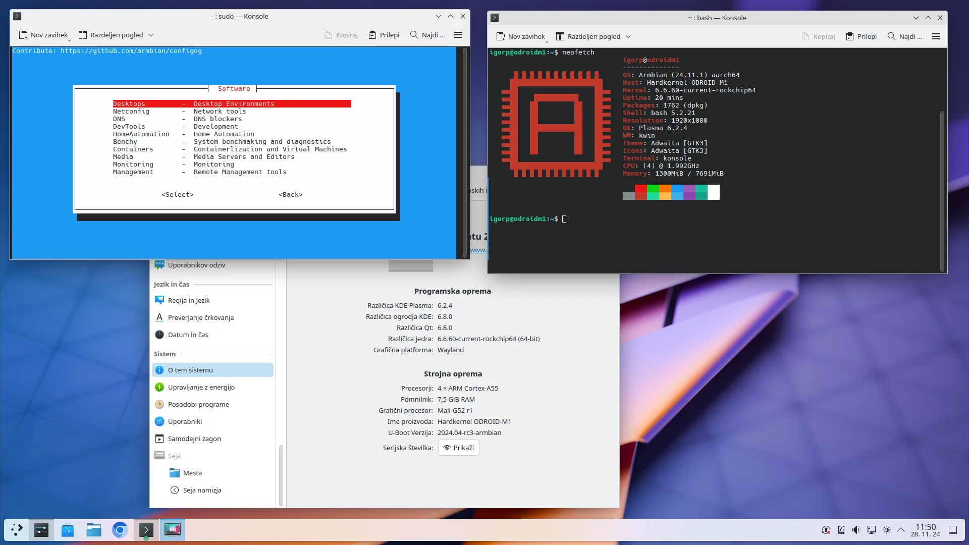 Armbian 24.11: novidades, melhorias e suporte ampliado. 2 Ambiente KDE Neon no Armbian 24.11 exibindo o utilitário de configuração Armbian Config e detalhes do sistema, incluindo o uso do comando neofetch no terminal.