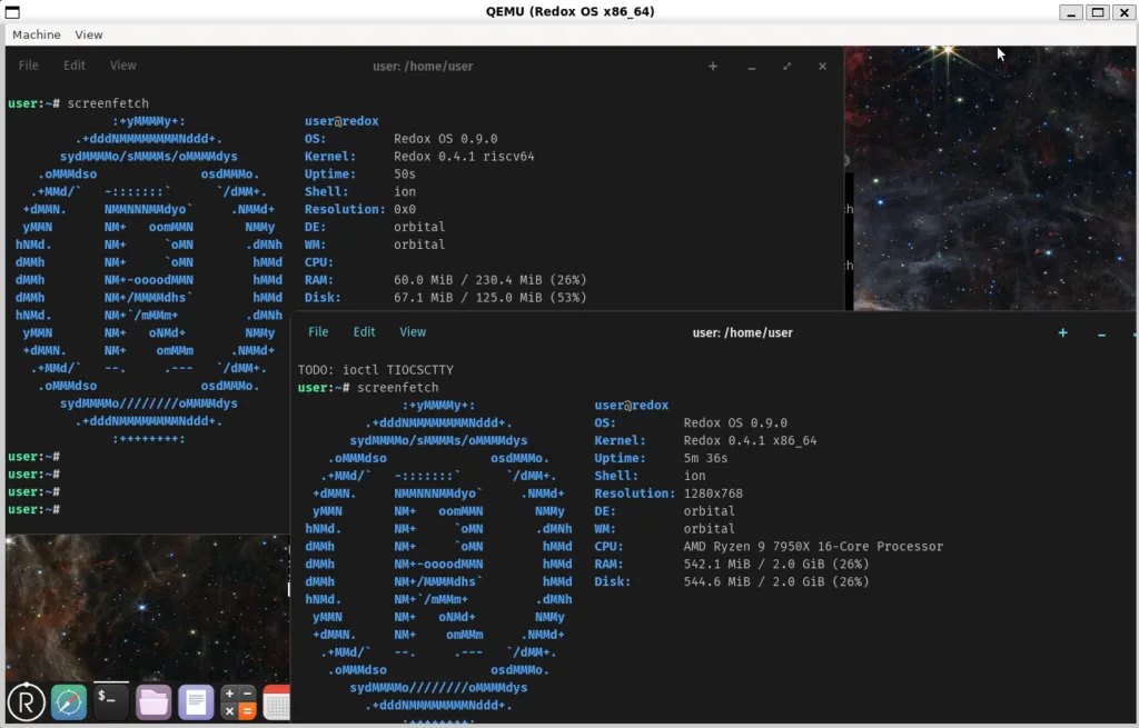 Captura de tela do Redox OS em execução no ambiente QEMU, exibindo informações do sistema por meio do comando screenfetch, incluindo detalhes sobre o kernel, CPU, memória RAM e resolução, demonstrando compatibilidade com arquiteturas x86_64 e RISC-V.