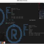 Captura de tela do Redox OS em execução no ambiente QEMU, exibindo informações do sistema por meio do comando screenfetch, incluindo detalhes sobre o kernel, CPU, memória RAM e resolução, demonstrando compatibilidade com arquiteturas x86_64 e RISC-V.
