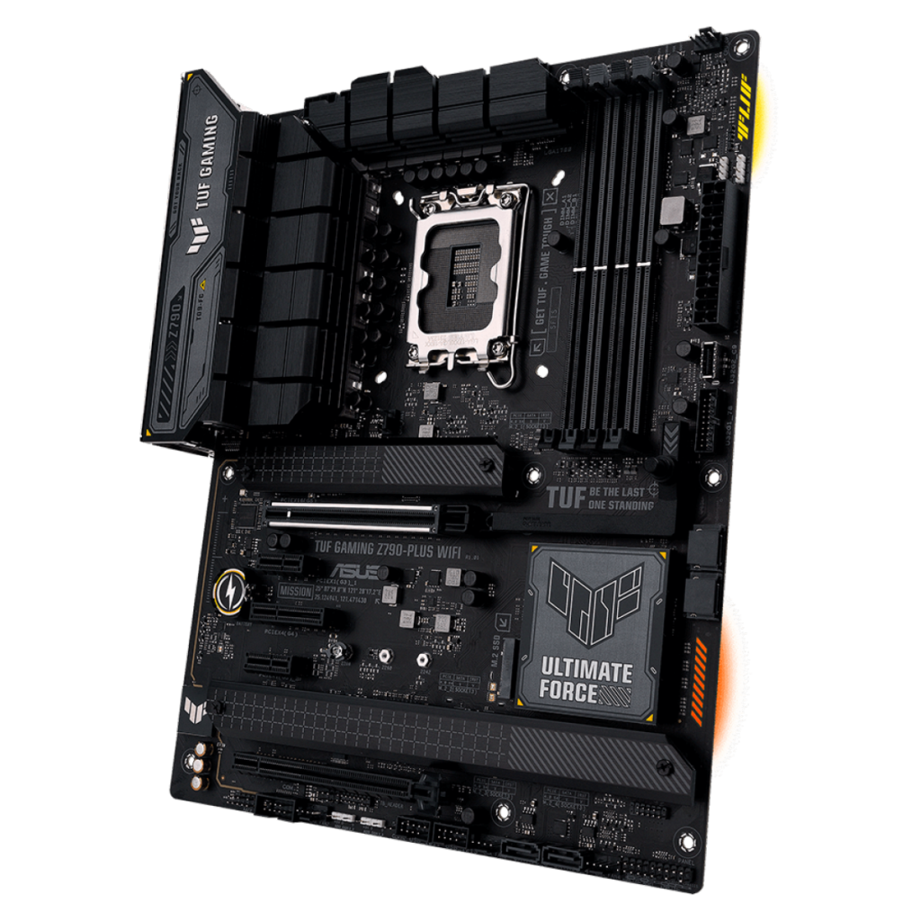 Placa-mãe ASUS TUF Gaming Z790-Plus WiFi em vista angular destacando o layout ATX, dissipadores robustos e socket Intel LGA 1700.