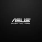 Logo da ASUS com o slogan 'Rock Solid, Heart Touching' sobre um fundo preto texturizado.