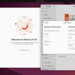 Captura de tela do Ubuntu 24.10 em execução em um notebook Lenovo ThinkPad T14s Gen 6, mostrando a tela de boas-vindas e as configurações do sistema com detalhes de hardware, como 64 GB de memória RAM, gráficos Adreno X1-85, e kernel Linux 6.11.0-23.