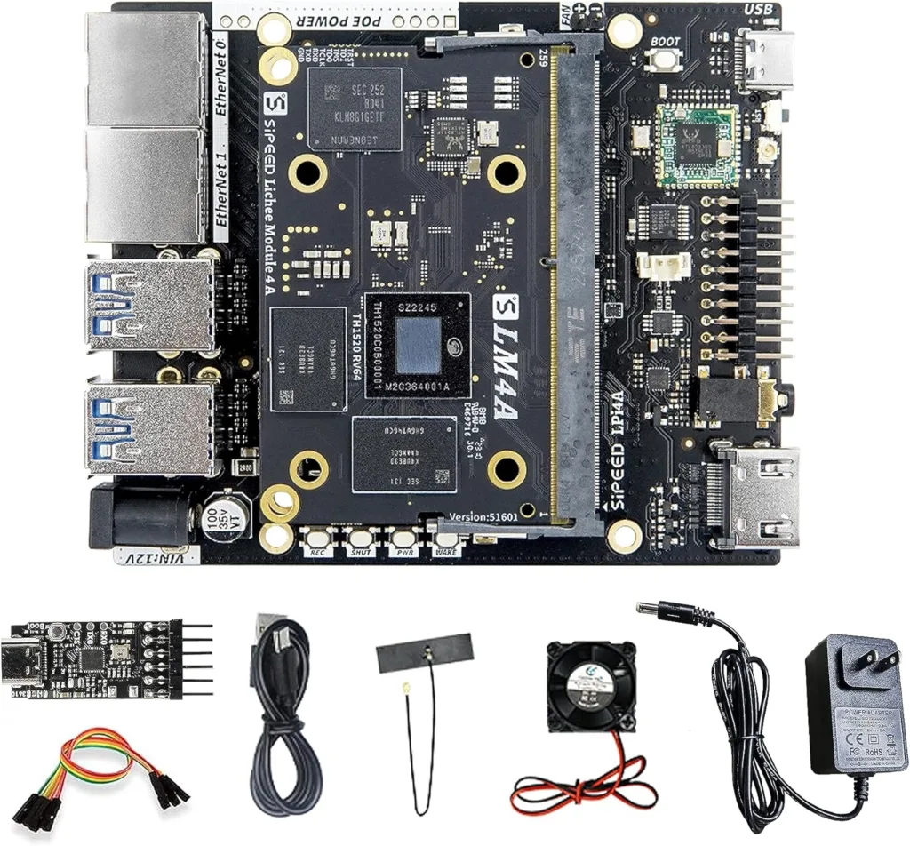 Placa LicheePi 4A RISC-V com SoC T-HEAD TH1520, conectores USB, Ethernet e HDMI, acompanhada de acessórios como adaptadores, cabos, antena, ventoinha e fonte de alimentação.