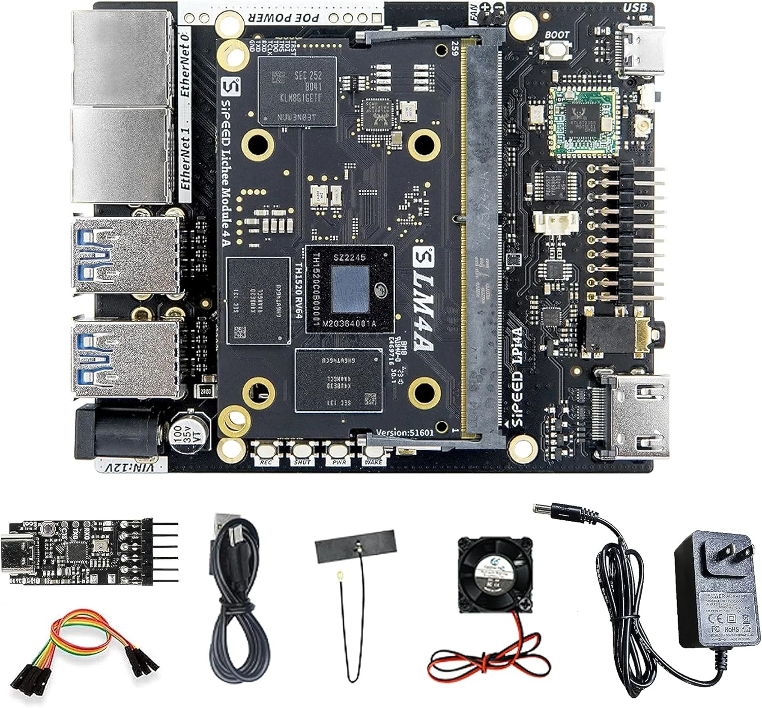 Suporte para driver PowerVR no RISC-V avança com contribuições importantes 2 Placa LicheePi 4A RISC-V com SoC T-HEAD TH1520, conectores USB, Ethernet e HDMI, acompanhada de acessórios como adaptadores, cabos, antena, ventoinha e fonte de alimentação.