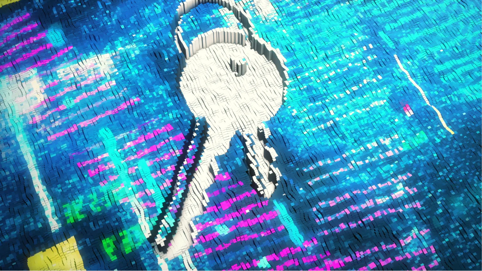 Explorando os algoritmos de hash: SHA-512, SHA-384, SHA3-256 e MD5 1 Imagem conceitual representando segurança de dados, com ilustração de uma chave sobre um fundo digital abstrato com padrões em azul, rosa e verde.