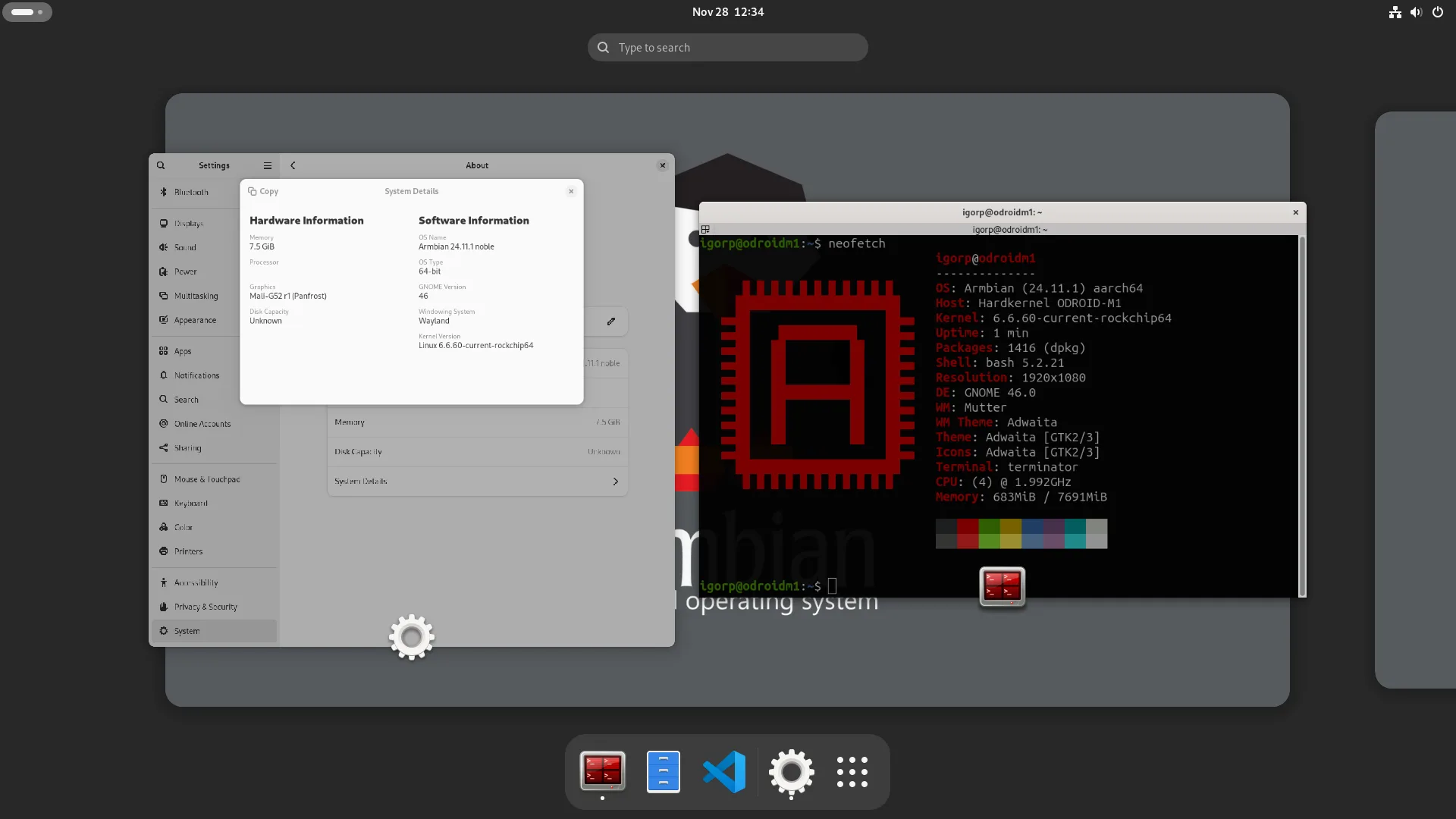 Interface do Gnome no Armbian 24.11 mostrando configurações do sistema e informações detalhadas via terminal com o comando neofetch.