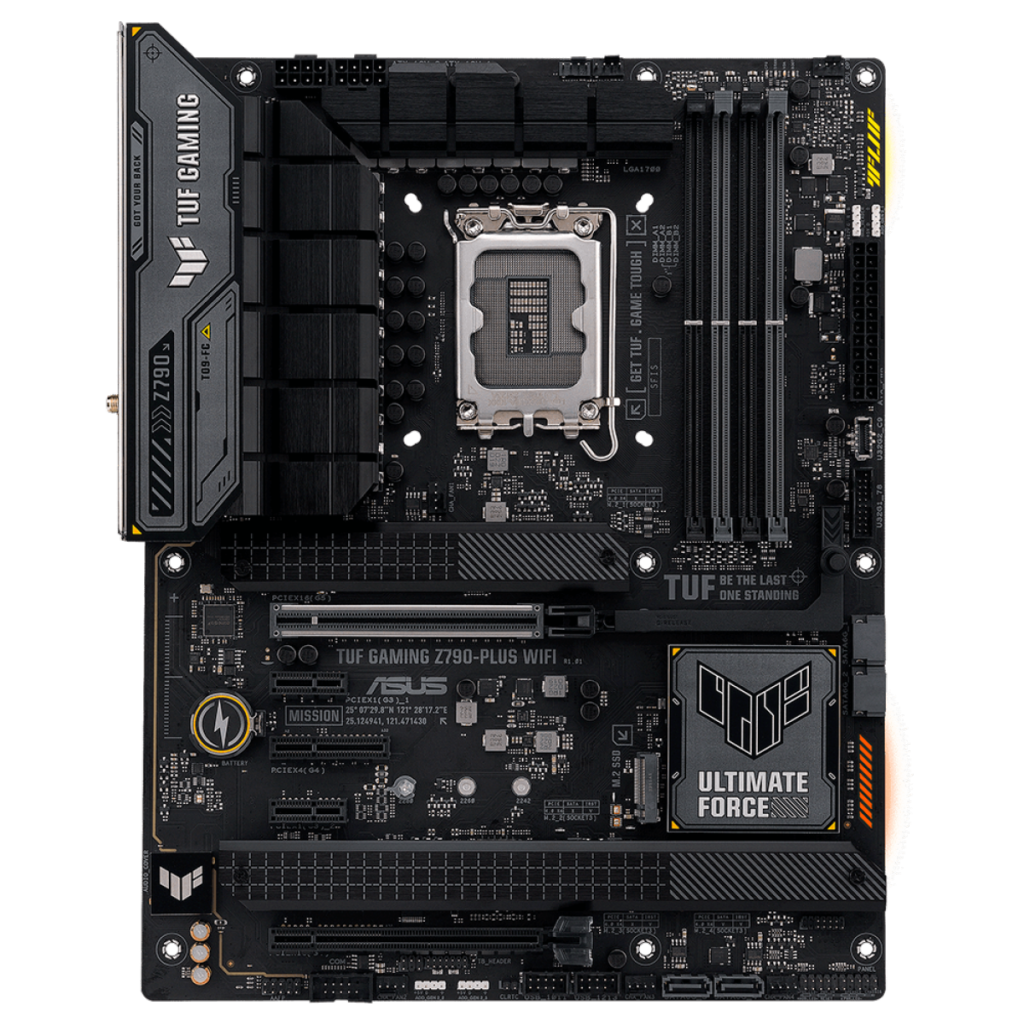 Vista superior da ASUS TUF Gaming Z790-Plus WiFi, mostrando as conexões, slots de memória DDR5 e detalhes do design Ultimate Force.