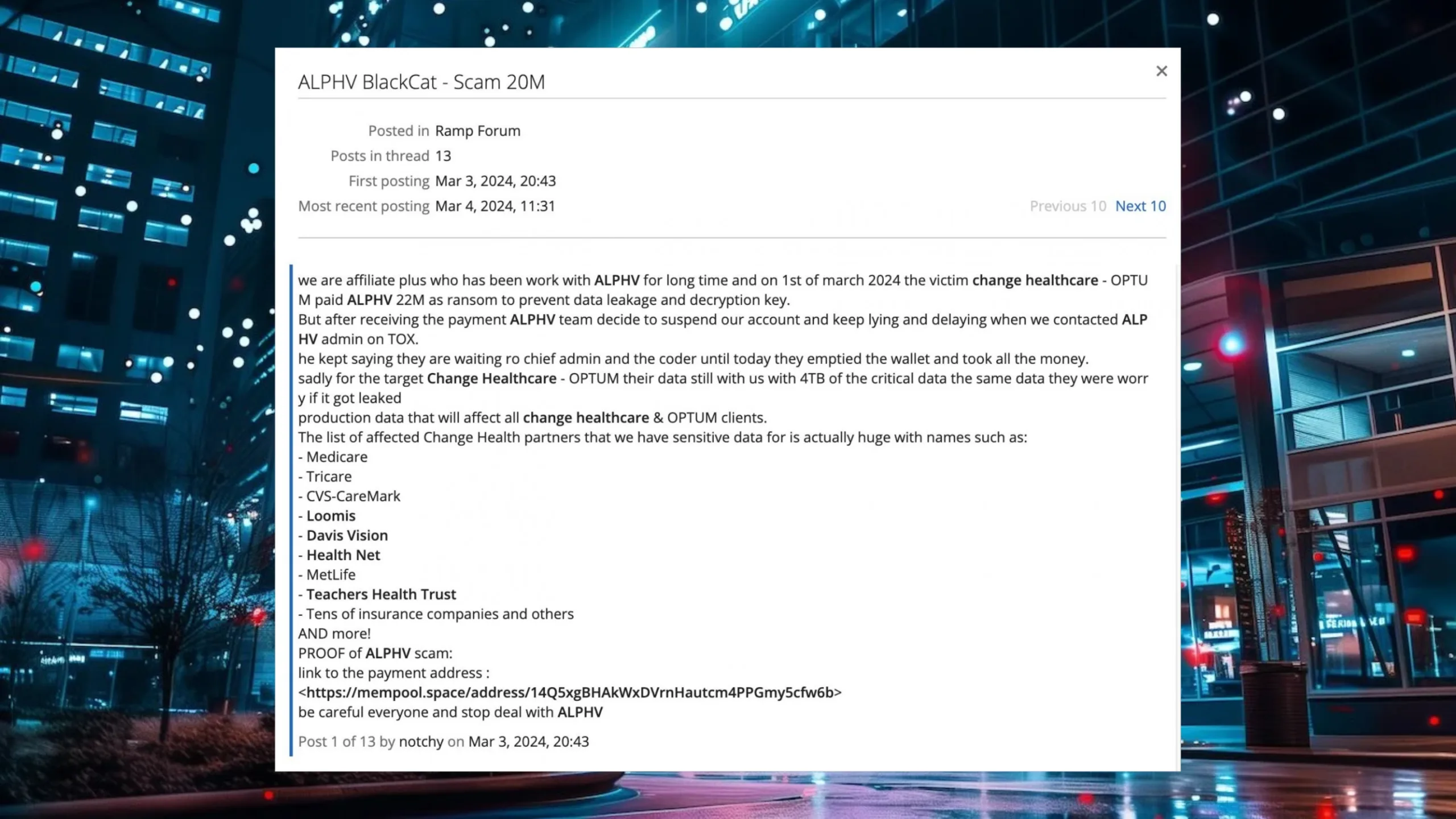 UnitedHealth atualiza para 190 milhões os afetados por ataque de ransomware 2 Afiliado da ALPHV alega que foi enganado pela BlackCat