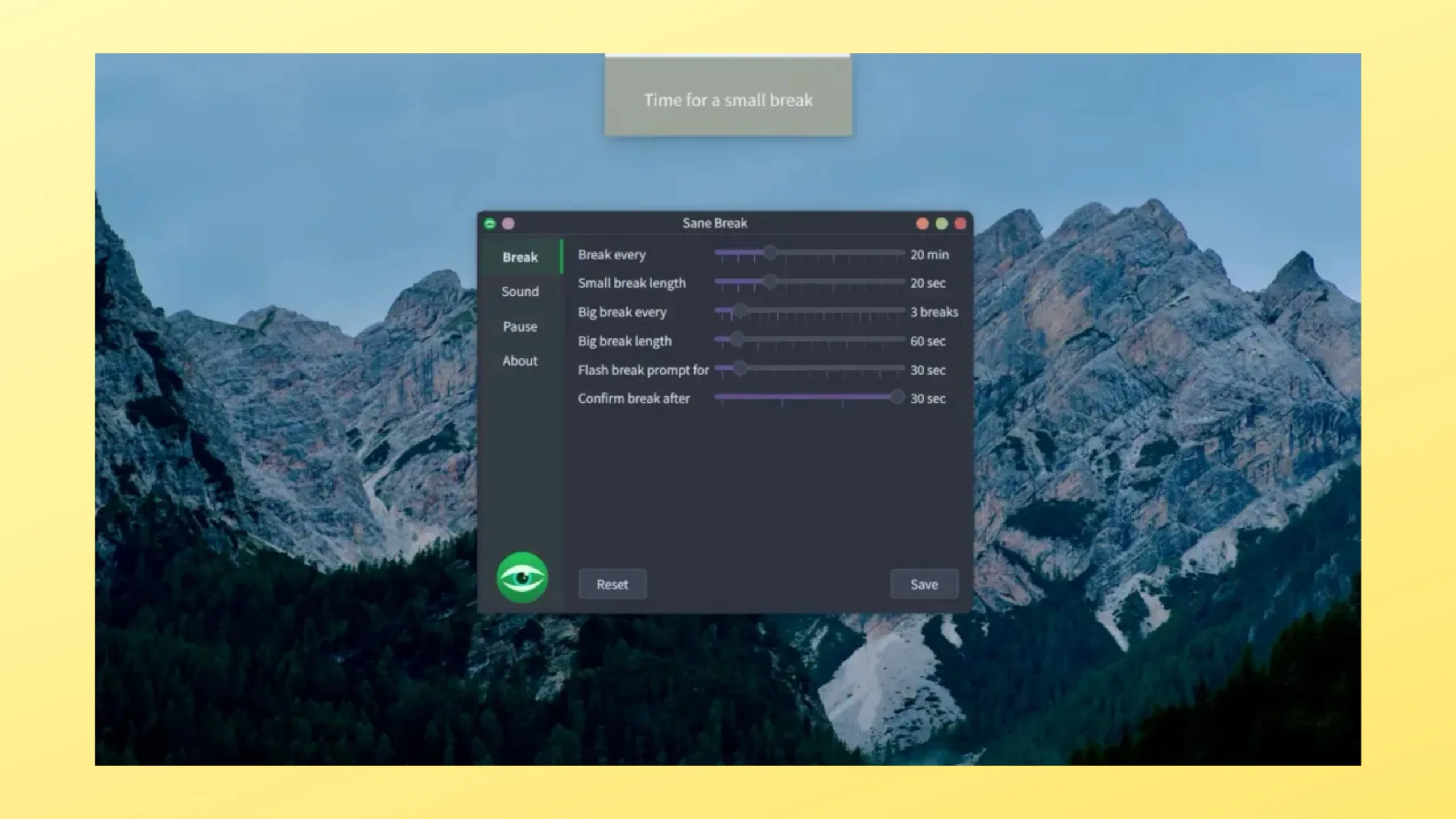 Instale o Sane Break no Ubuntu, Fedora, Debian e outras distribuições Linux com Flatpak 2 Imagem com a interface do Sane Break
