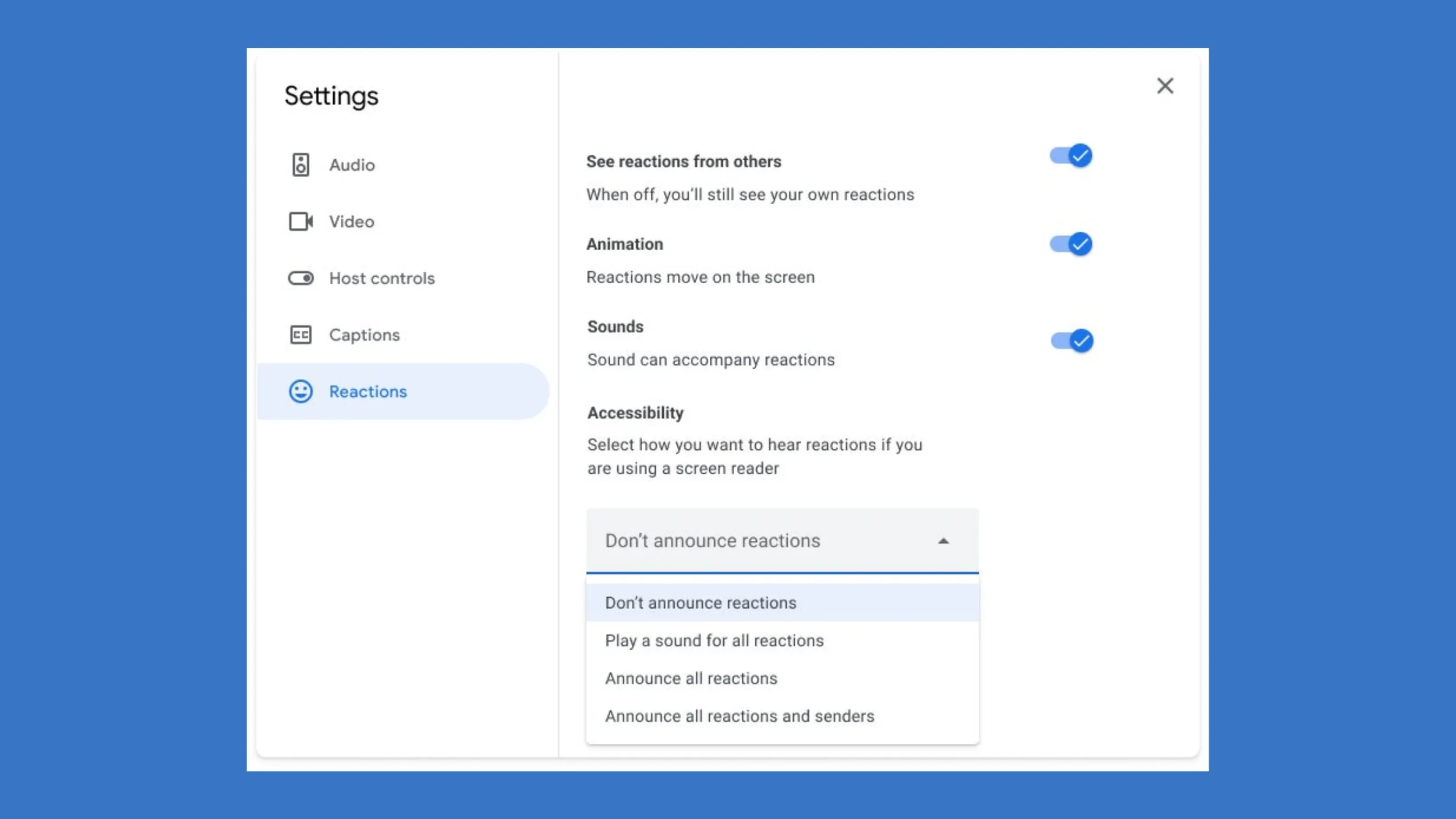 Google Meet aprimora acessibilidade com novas opções de leitor de tela 2 Toque no botão de estouro de três pontos / Configurações / Reações / Acessibilidade para ajustar suas configurações