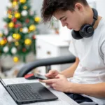 teen boy is using smartphone with headphones laptop knees home christmas tree wall serious focused face