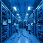 Um moderno centro de processamento de dados com servidores azuis e engenheiros trabalhando, representando o Apache Flink 2.0.0 para processamento de dados em tempo real.