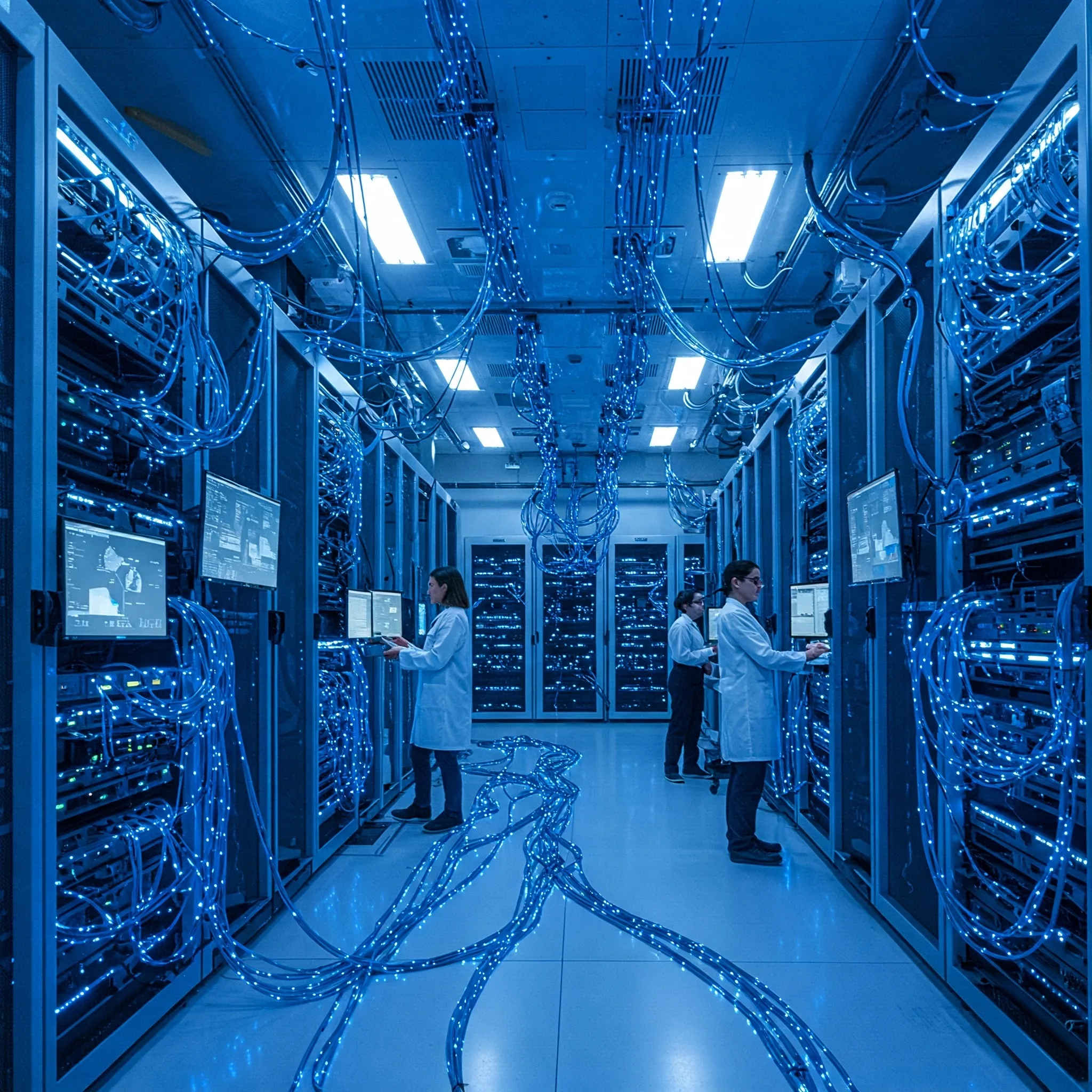 Um moderno centro de processamento de dados com servidores azuis e engenheiros trabalhando, representando o Apache Flink 2.0.0 para processamento de dados em tempo real.