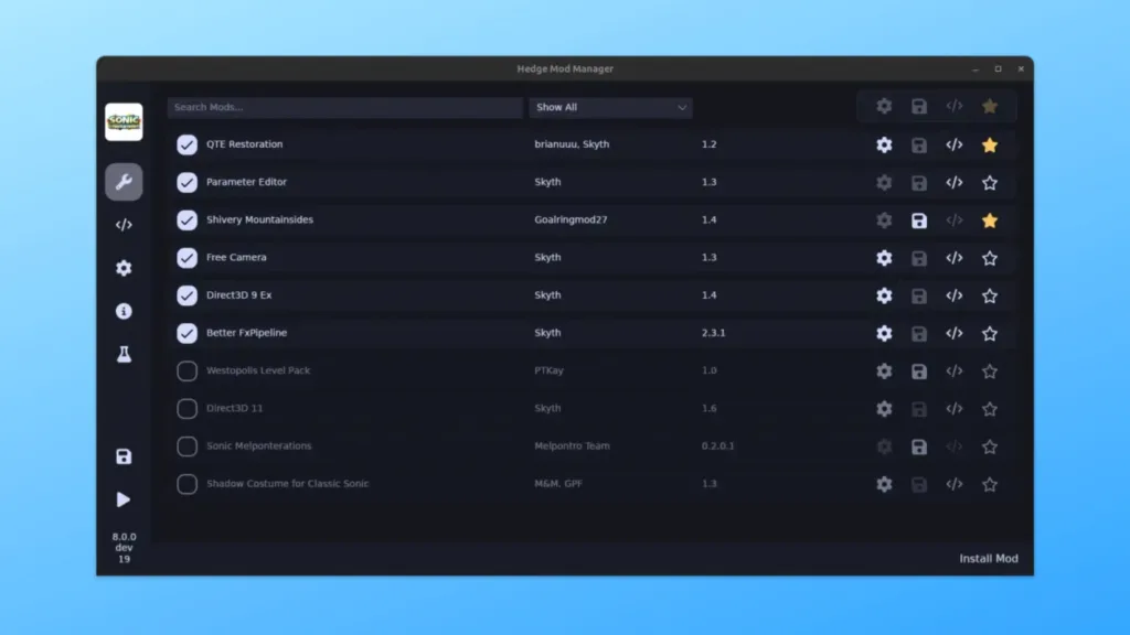 Imagem com a interface do Hedge Mod Manager