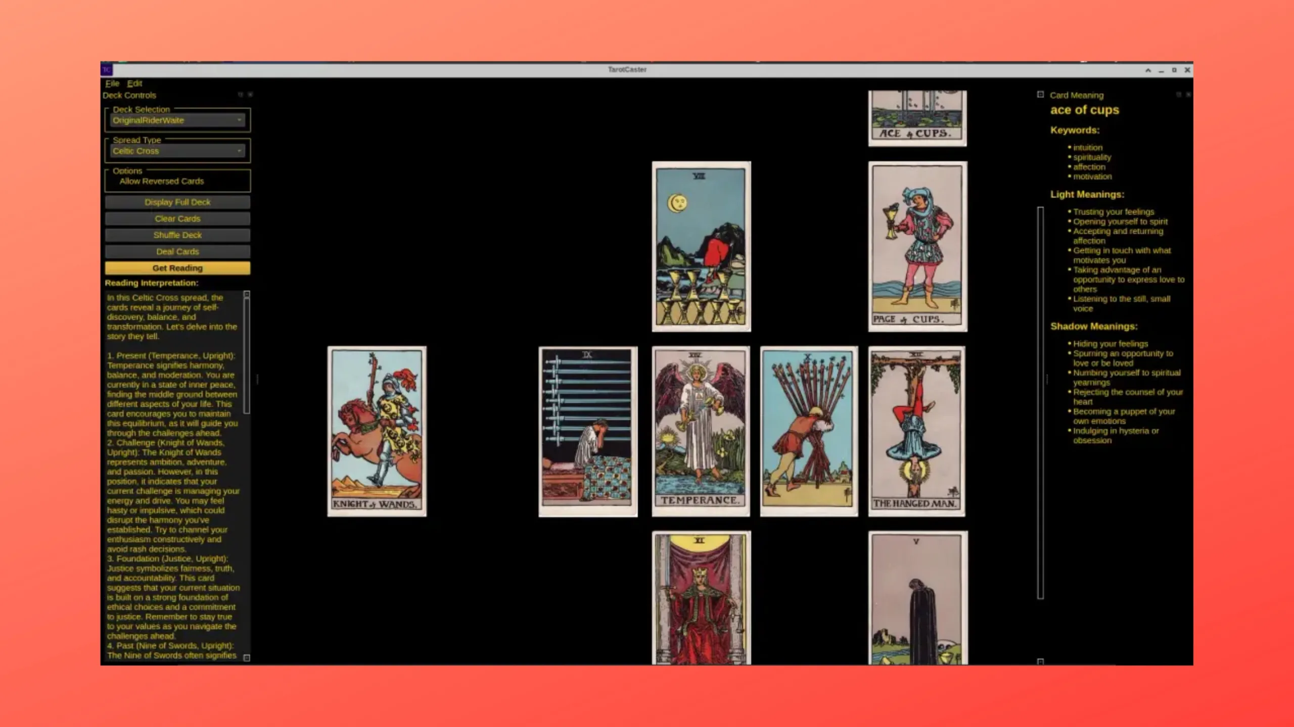 Imagem com a interface do TarotCaster