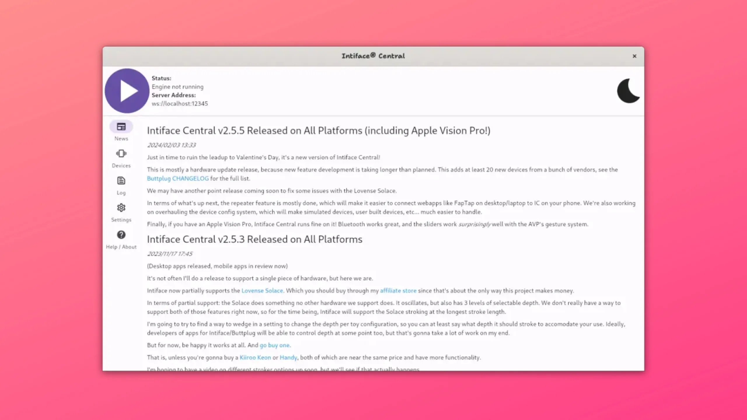 Instale o Intiface Central no Ubuntu, Fedora, Debian e outras distribuições Linux com Flatpak 2 Imagem com a interface do Intiface Central