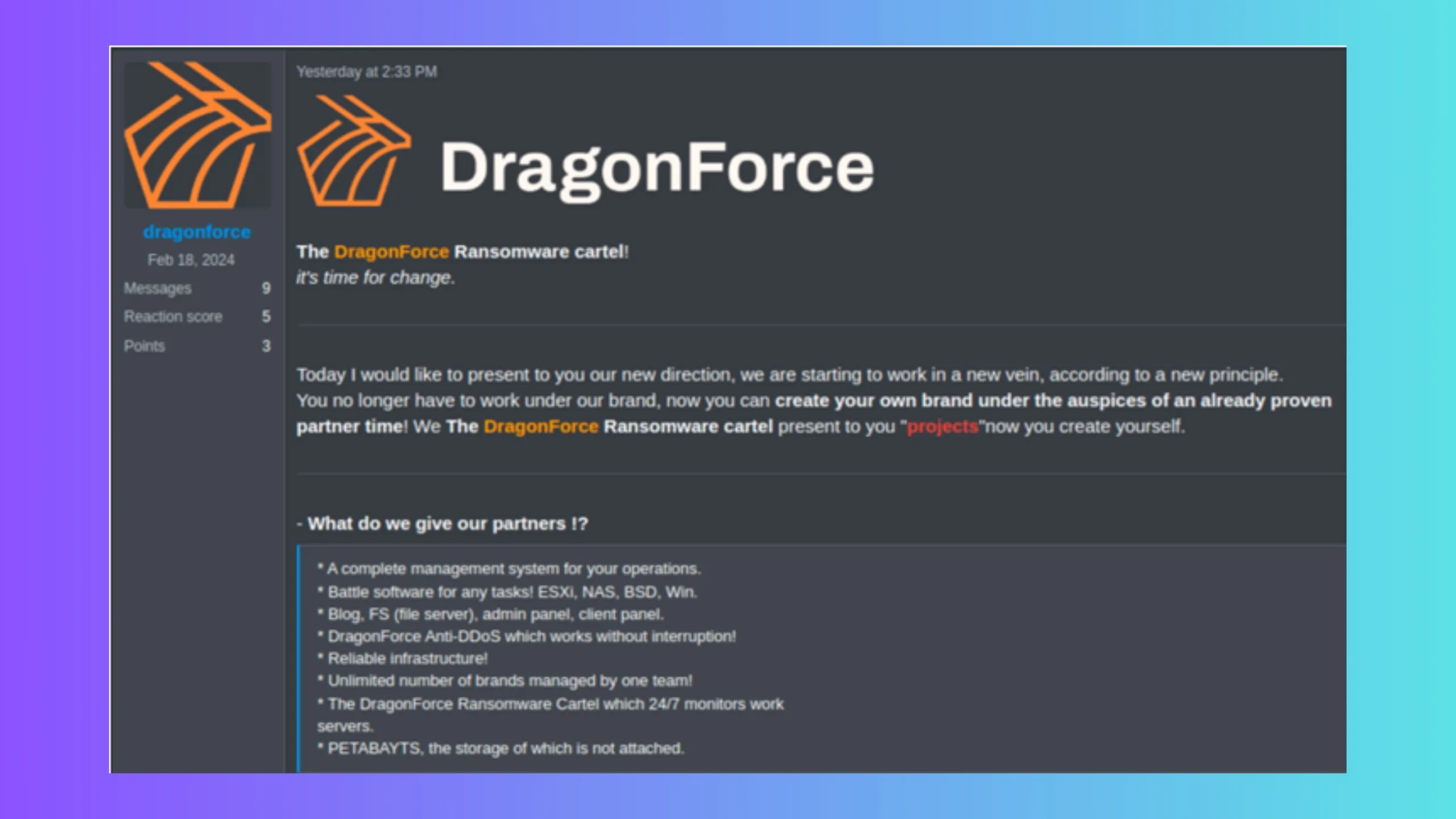 DragonForce lança cartel de ransomware com modelo de marca branca 2 DragonForce anuncia modelo RaaS semelhante ao SaaS