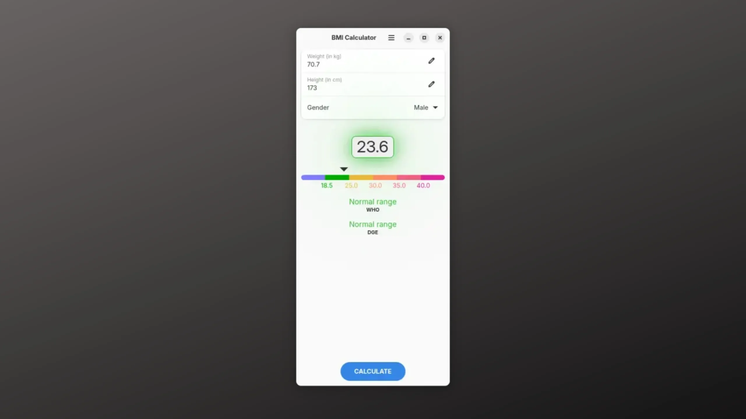 Instale o BMI Calculator no Ubuntu, Fedora, Debian e outras distribuições Linux com Flatpak 2 Imagem com a interface do BMI Calculator