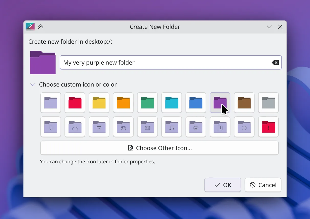 KDE Plasma 6.4 impede suspensão durante cópia de arquivos e recebe melhorias visuais 2 6iu7rM2h very purple new folder