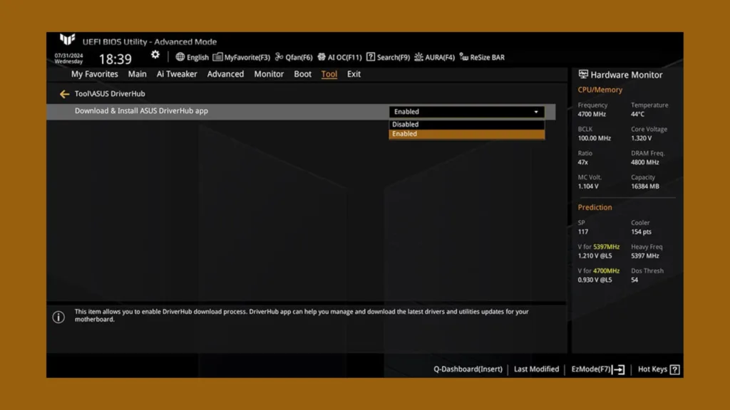 Configuração do BIOS referente ao DriverHub (Habilitado por padrão)
