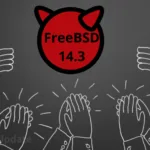 Logotipo do FreeBSD 14.3 com aplausos e sinais de positivo simbolizando recepção positiva